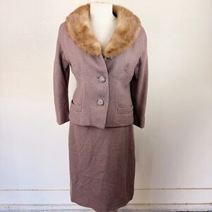 Vintage 60s Fur Jacket Suit Pencil Skirt Set Small Fox